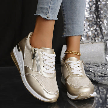 Sneakersy damskie metaliczne na koturnie z zamkiem – zdjęcie 9