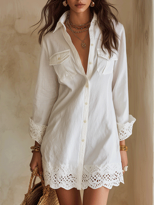 Lena | Biała boho sukienka koszulowa mini