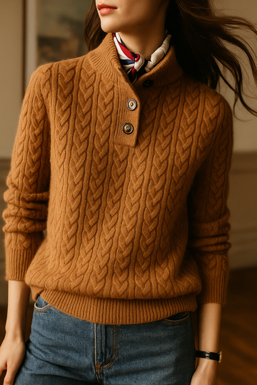 Sweter damski w warkocze ze stójką zapinaną na guziki – zdjęcie 3