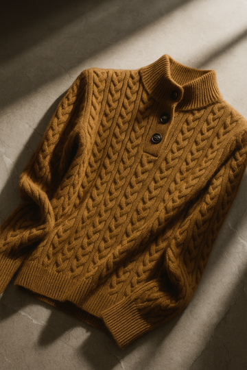 Sweter damski w warkocze ze stójką zapinaną na guziki – zdjęcie 23