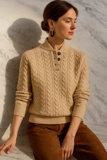 Sweter damski w warkocze ze stójką zapinaną na guziki – zdjęcie 22