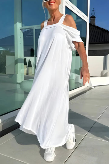 Sukienka damska oversize maxi w kolorze białym – z odkrytymi ramionami