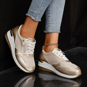 Sneakersy damskie metaliczne na koturnie z zamkiem – zdjęcie 7