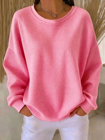 Sweter damski waflowy oversize w kolorze różowym – z okrągłym dekoltem