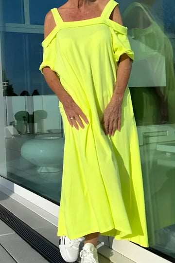 Sukienka damska oversize maxi w kolorze żółtym – z odkrytymi ramionami