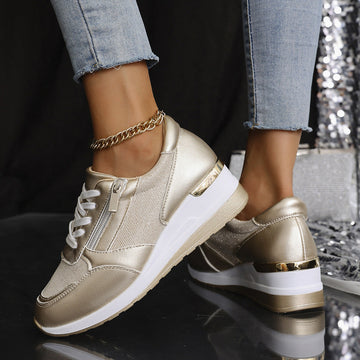 Sneakersy damskie metaliczne na koturnie z zamkiem – zdjęcie 8