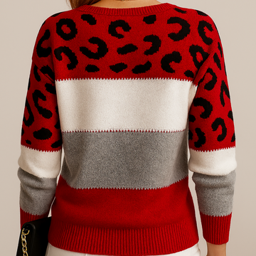 Sweter damski colorblock w kolorze czerwonym – z miękkiej dzianiny w panterkę