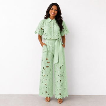Komplet damski ażurowy w kolorze miętowym – z koszulą i szerokimi spodniami
