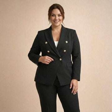 Garnitur damski plus size w kolorze czarnym – z dwurzędową marynarką