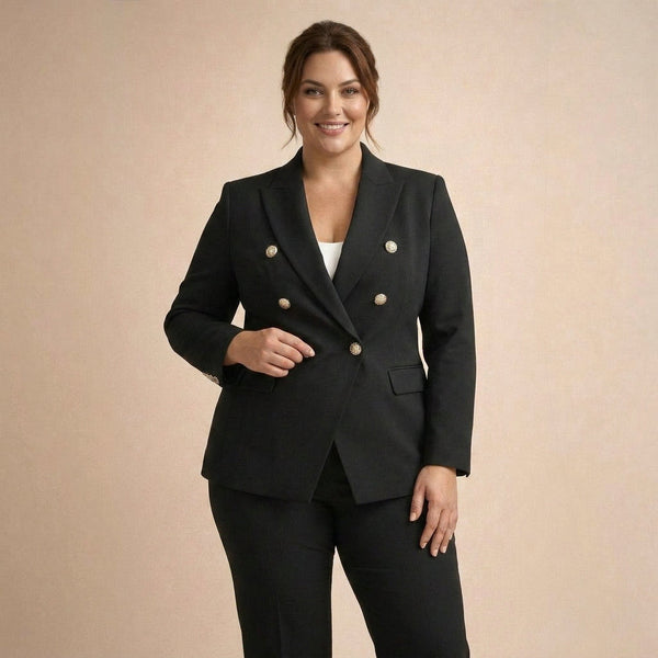 Garnitur damski plus size w kolorze czarnym – z dwurzędową marynarką