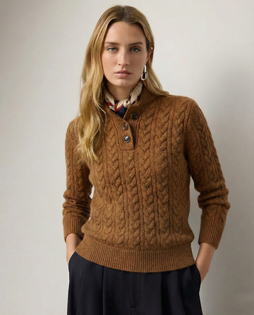 Sweter damski w warkocze ze stójką zapinaną na guziki – zdjęcie 1
