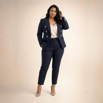 Garnitur damski plus size w kolorze granatowym – z dwurzędową marynarką