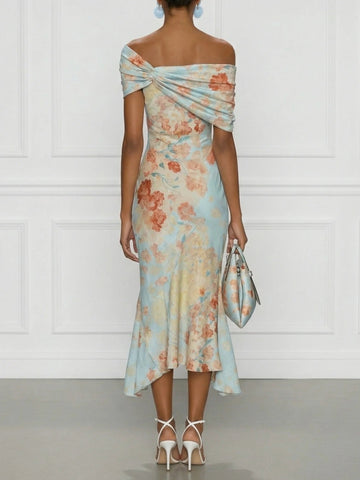Vittoria - Midi Syrenka Sukienka Bez Rękawów z Off-Shoulder i Niebieskimi Kwiatami