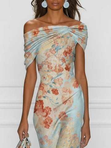 Vittoria - Midi Syrenka Sukienka Bez Rękawów z Off-Shoulder i Niebieskimi Kwiatami