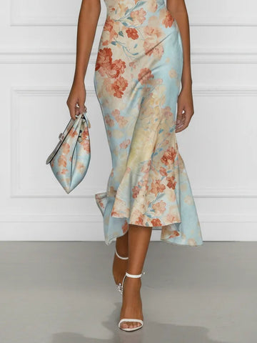 Vittoria - Midi Syrenka Sukienka Bez Rękawów z Off-Shoulder i Niebieskimi Kwiatami