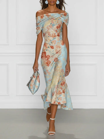 Vittoria - Midi Syrenka Sukienka Bez Rękawów z Off-Shoulder i Niebieskimi Kwiatami