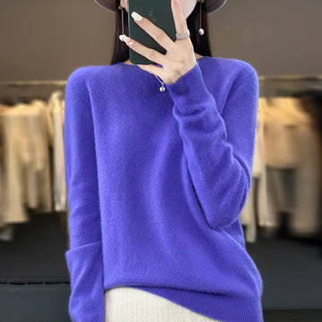 Sweter damski kaszmirowy w kolorze niebieskim – z okrągłym dekoltem, klasyczny krój