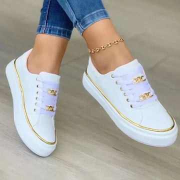 Sneakersy damskie sznurowane ze złotym łańcuszkiem, ortopedyczne – zdjęcie 2