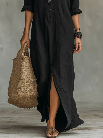 Céline | Sukienka maxi czarna, luźna, z guzikami