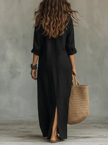 Céline | Sukienka maxi czarna, luźna, z guzikami