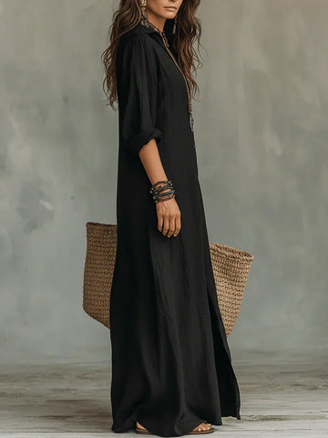 Céline | Sukienka maxi czarna, luźna, z guzikami