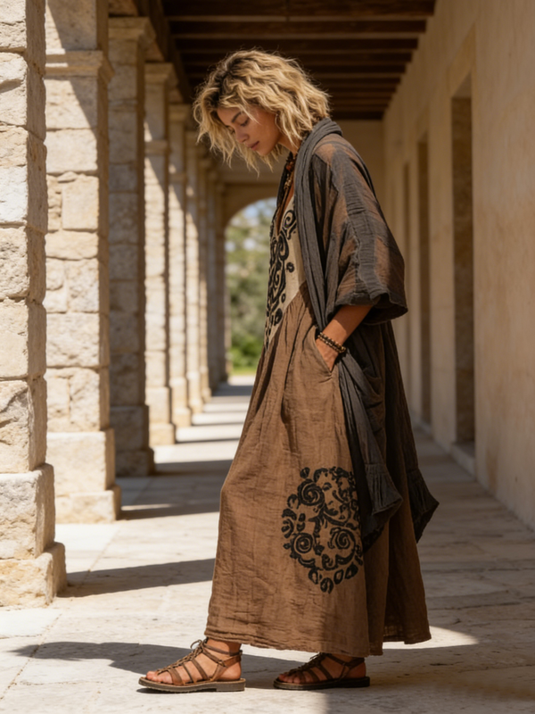 Denisa | Boho Komplet Z Artystycznym Nadrukiem