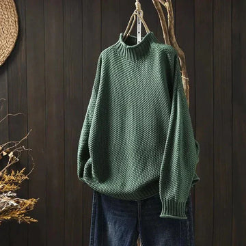 Sweter damski z golfem w kolorze zielonym – oversize, o strukturalnym splocie