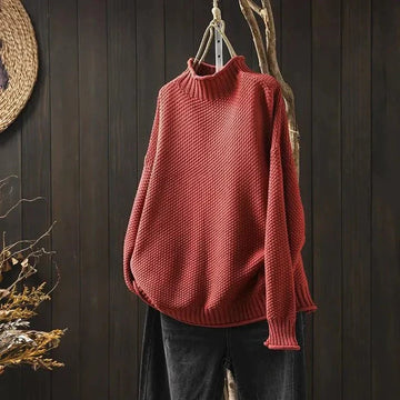 Sweter damski z golfem w kolorze czerwonym – oversize, o strukturalnym splocie